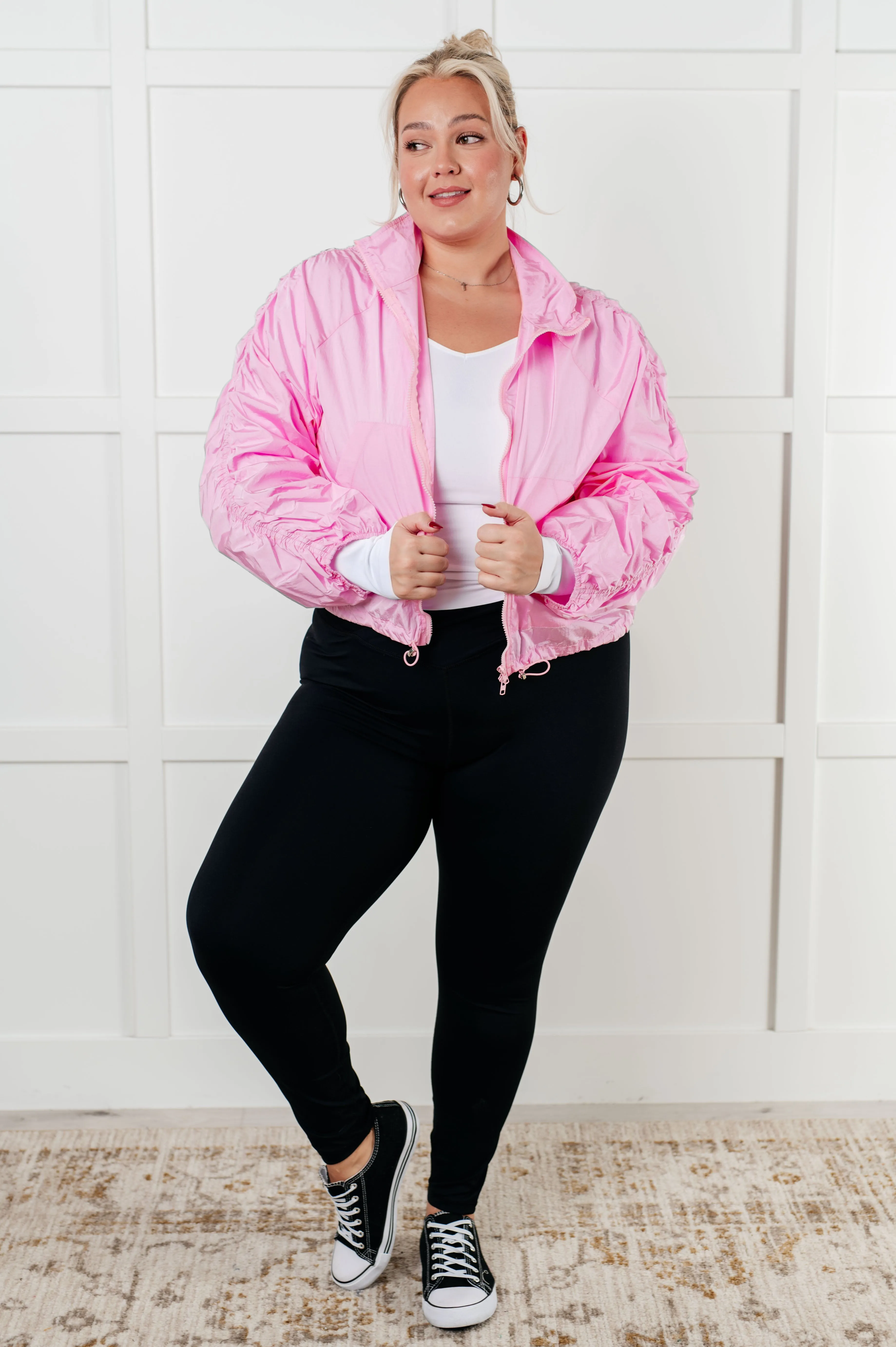 Rumi Pink Windbreaker - Lightweight Jacket, Ruched Sleeves, Adjustable Hem