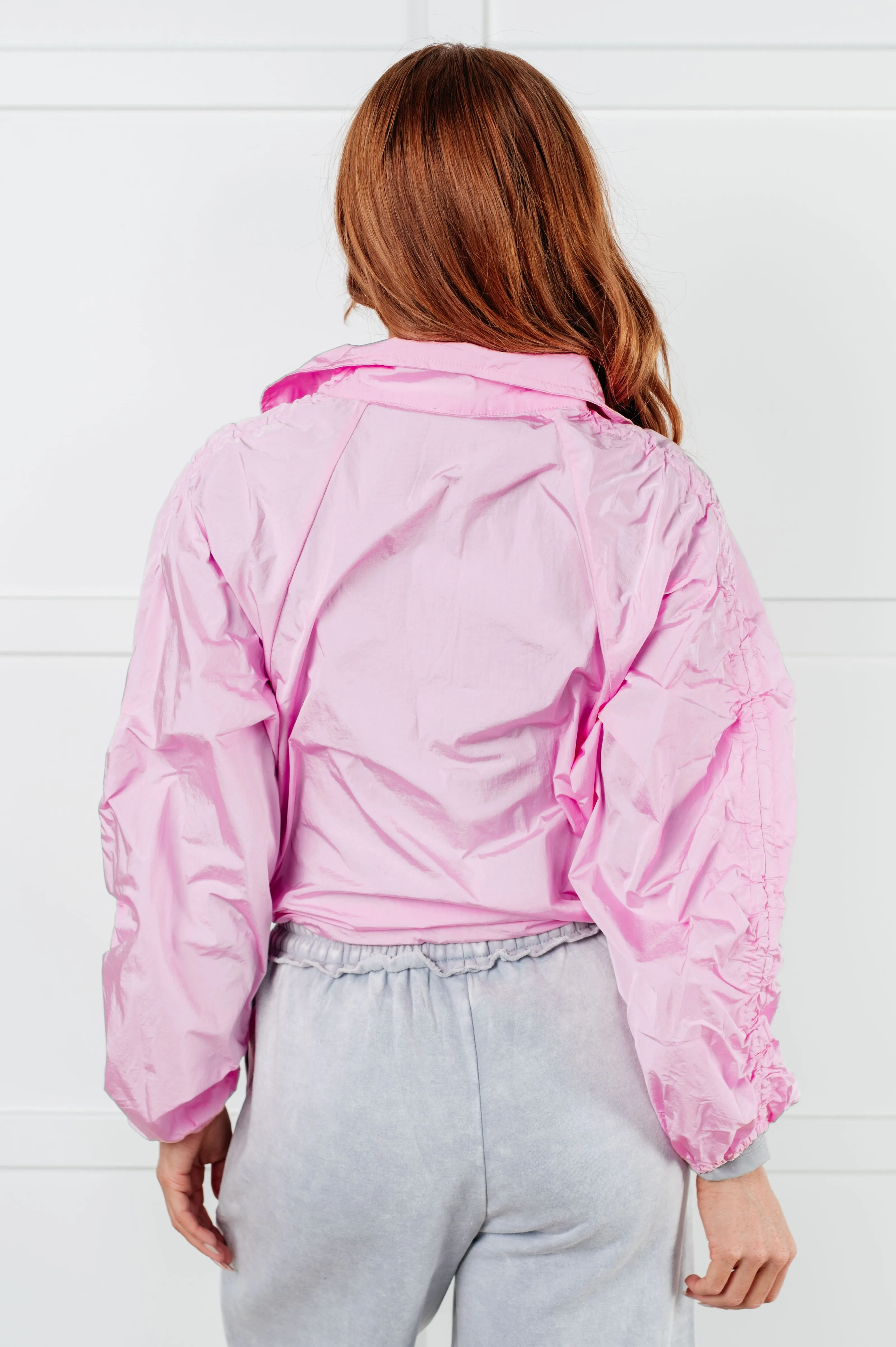 Rumi Pink Windbreaker - Lightweight Jacket, Ruched Sleeves, Adjustable Hem