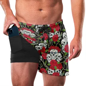 SKULL AND ROSE QUICKDRY POCKET 2 IN 1 7'' INSEAM RUNNING SHORTS