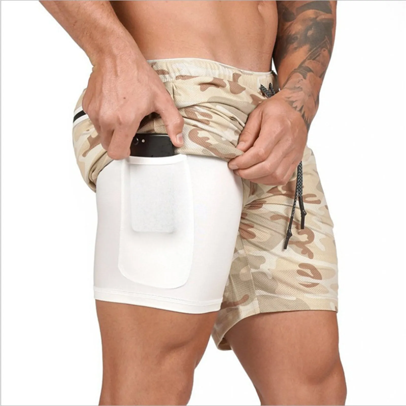 SNOW CAMO QUICKDRY POCKET 2 IN 1 7'' INSEAM RUNNING SHORTS