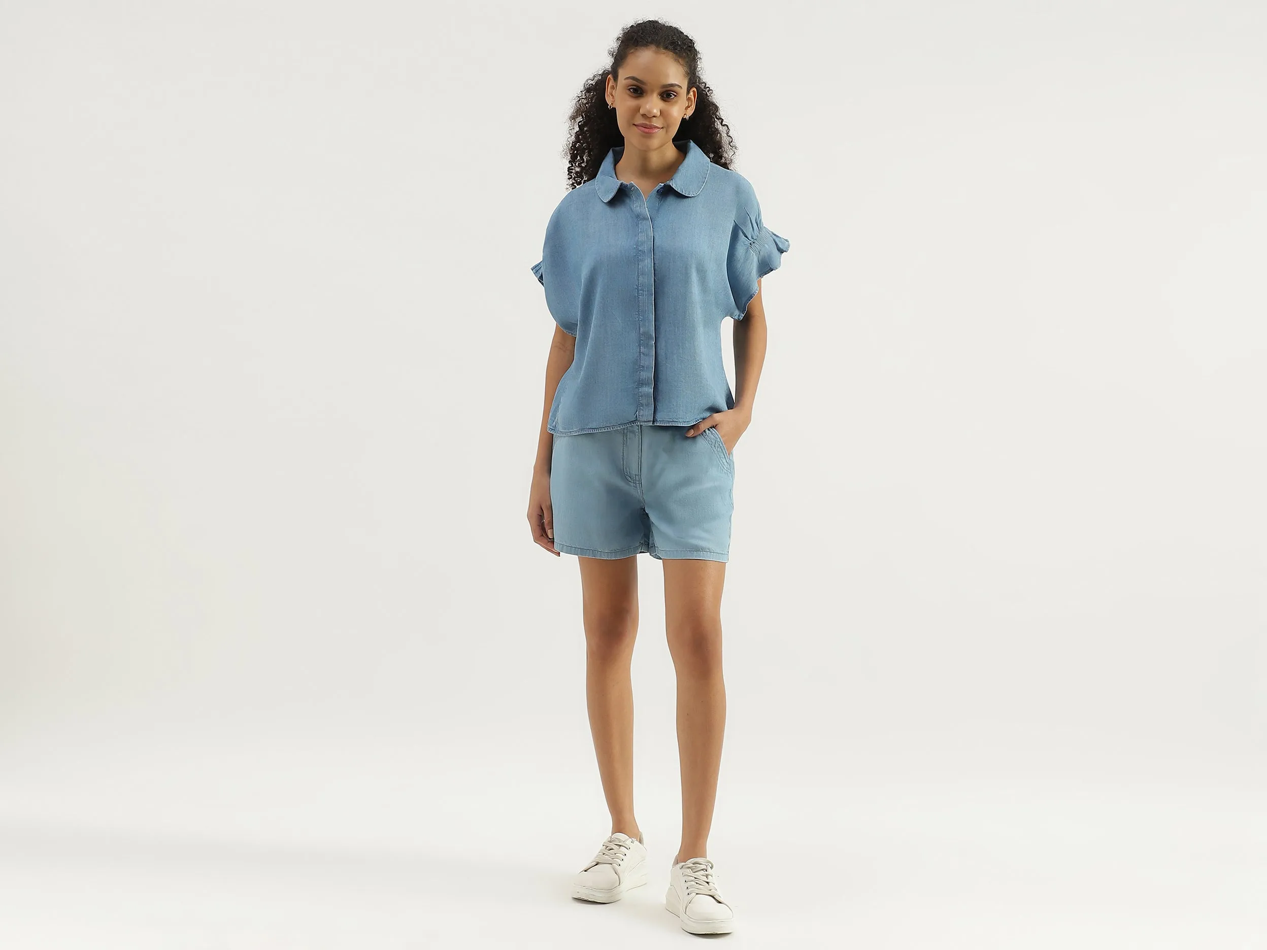Solid Mid Waist Regular Fit Denim Shorts