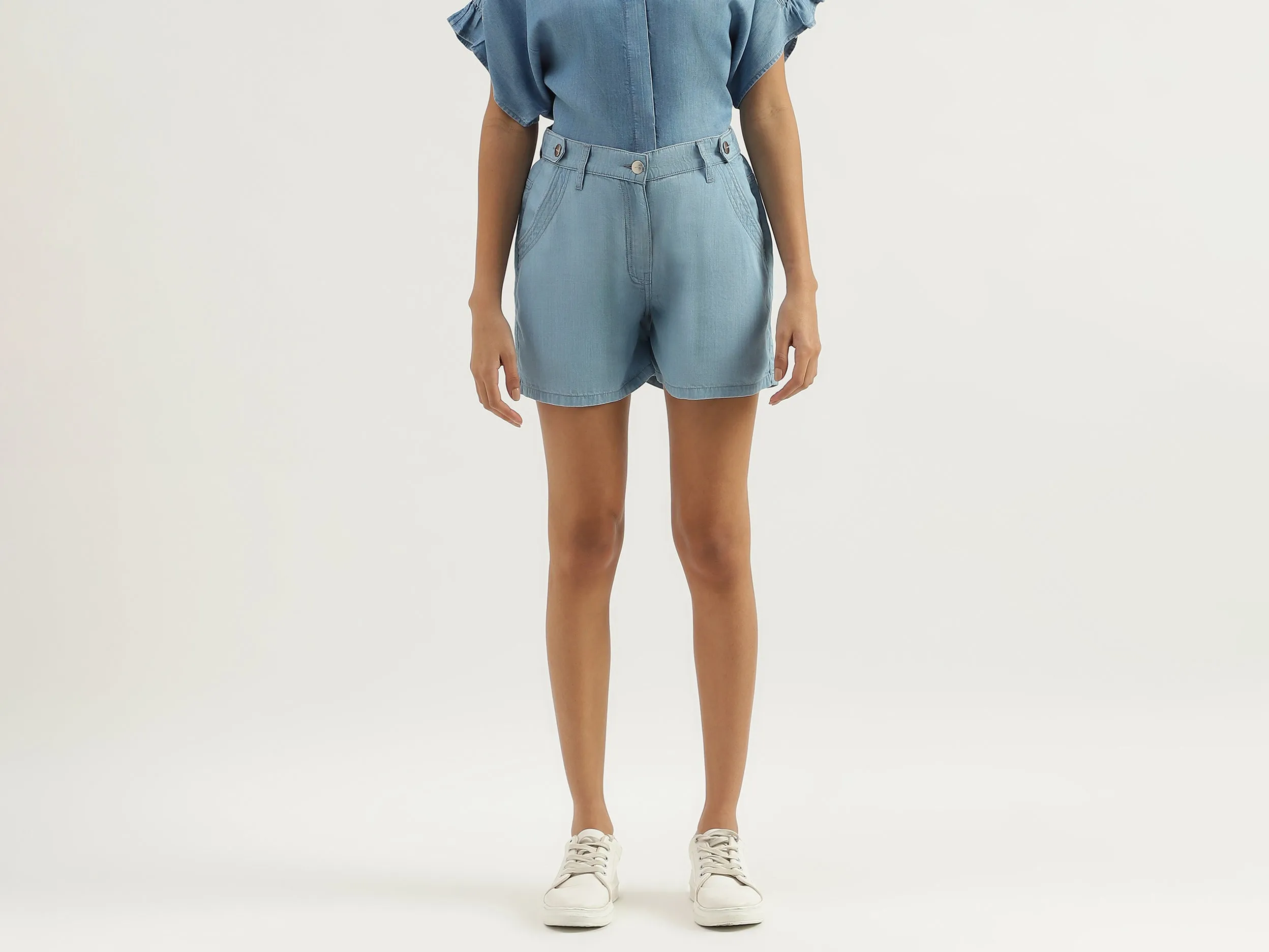 Solid Mid Waist Regular Fit Denim Shorts