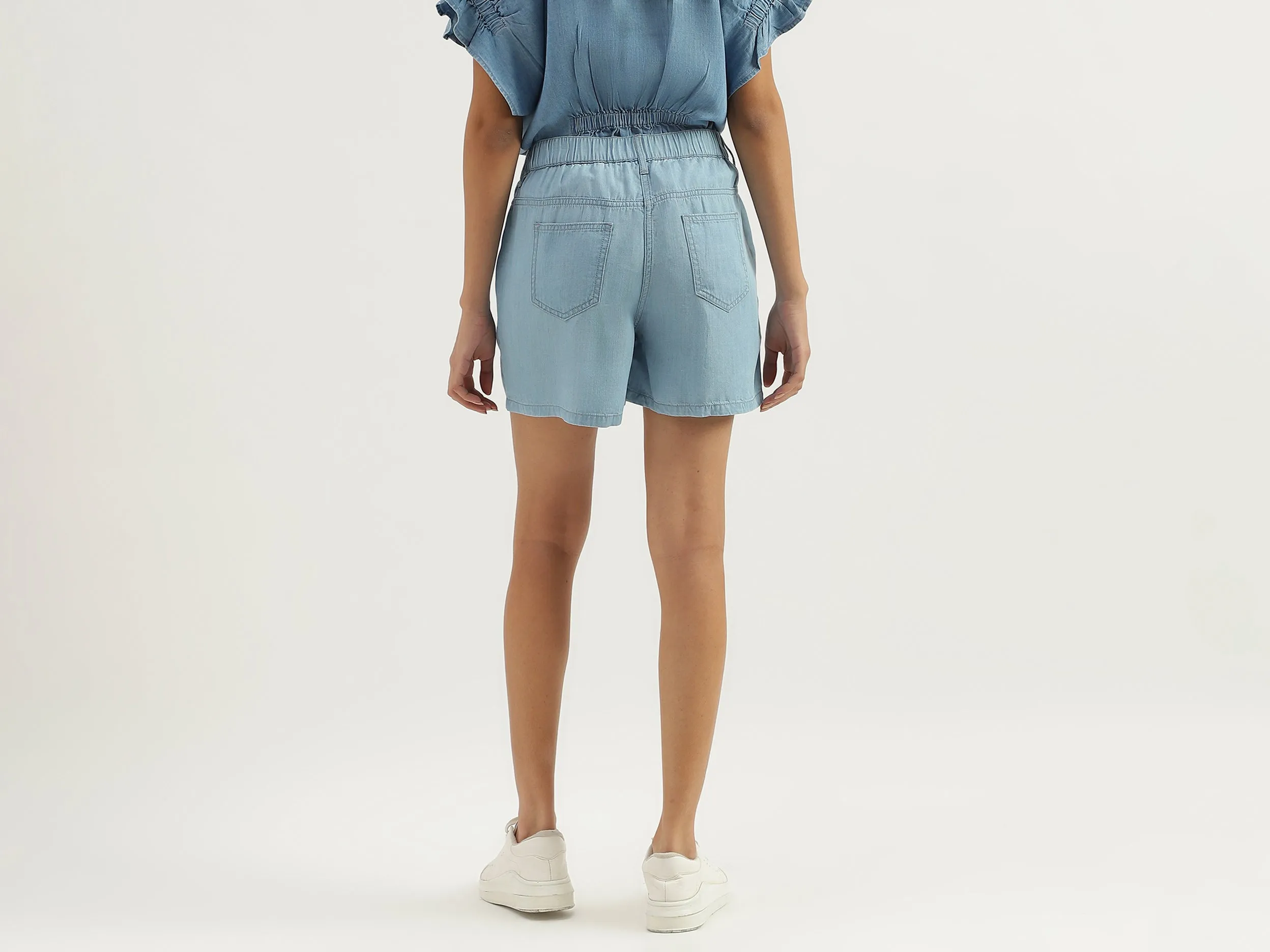 Solid Mid Waist Regular Fit Denim Shorts