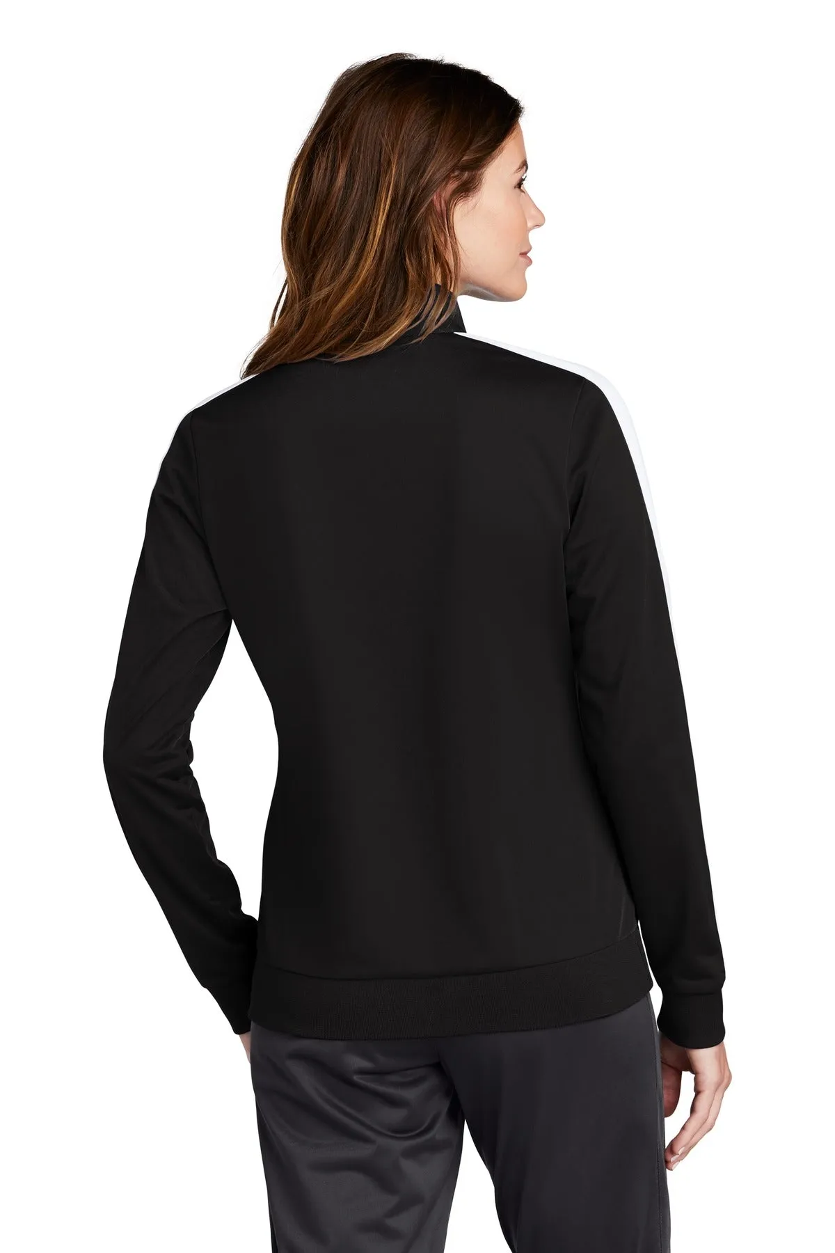 Sport-Tek  Ladies Tricot Sleeve Stripe Track Jacket. LST94 Black/ White