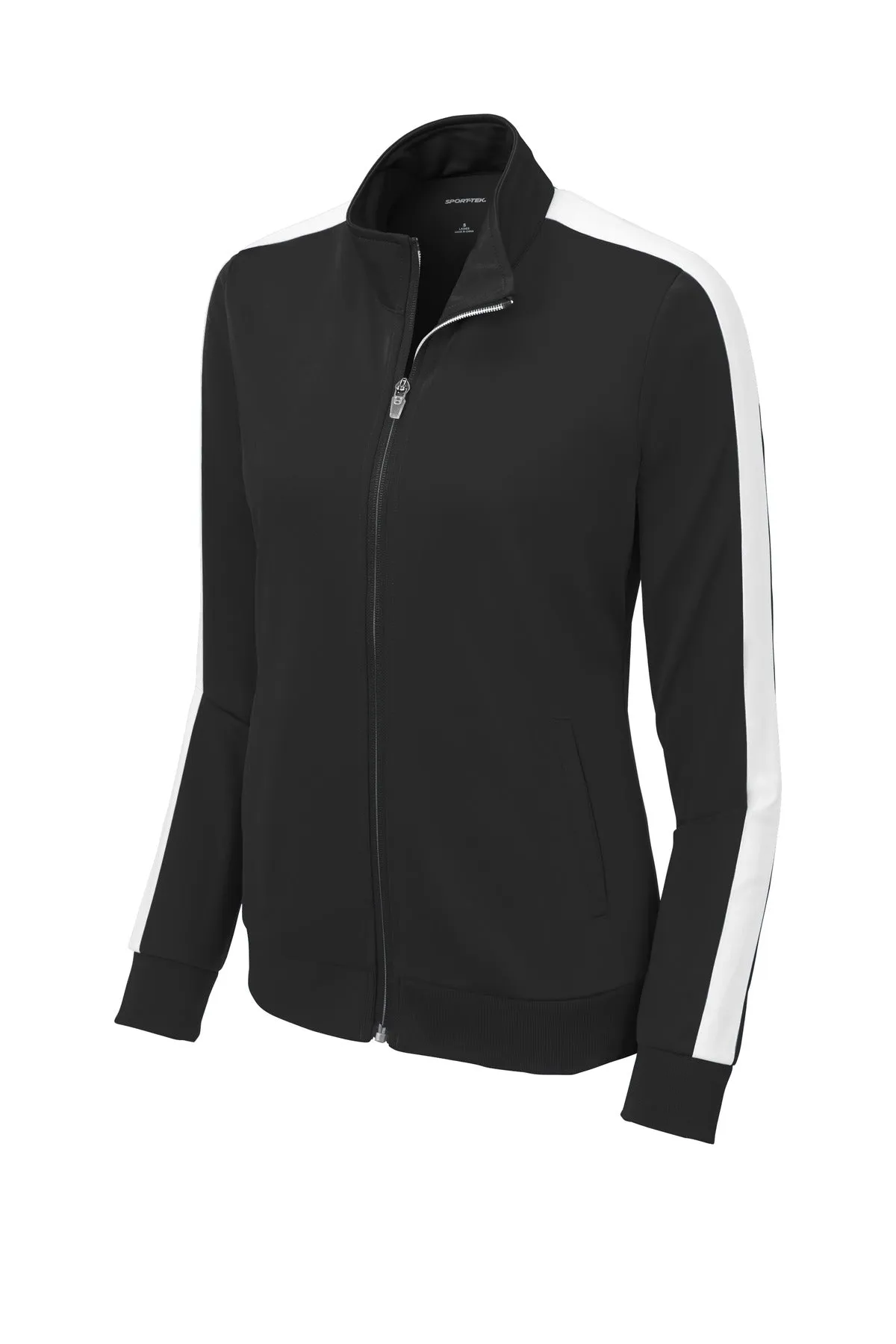 Sport-Tek  Ladies Tricot Sleeve Stripe Track Jacket. LST94 Black/ White