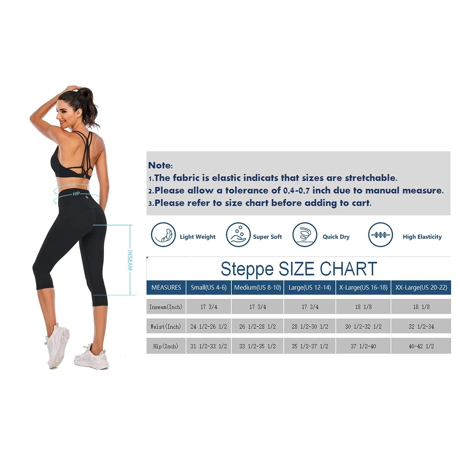 Steppe Naked Feeling High Waisted Yoga Pants Women's Workout Capris Leggings with Pockets Tummy Control Buttery Soft Running Compression Capris for Athletic Gym Exercise Fitness Black