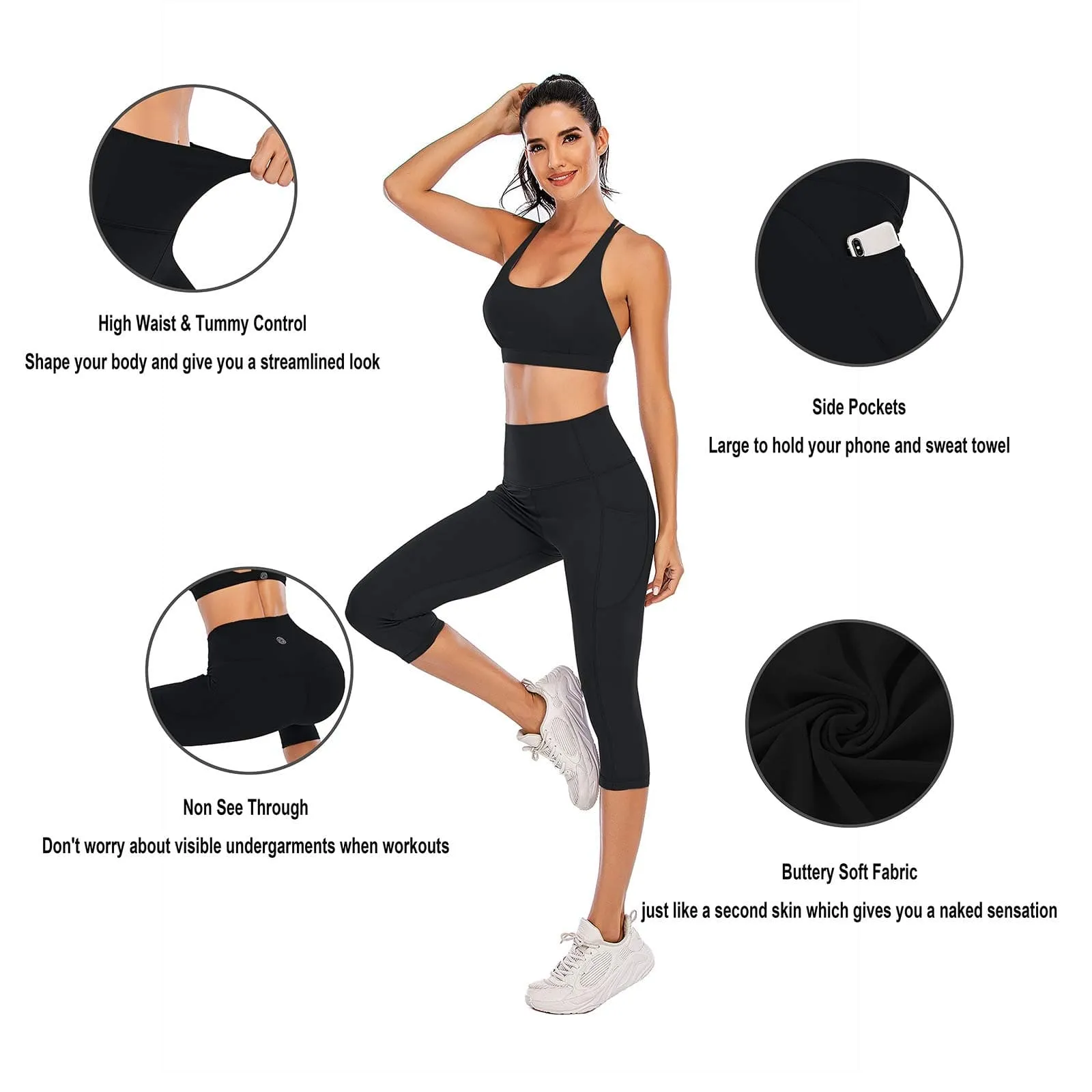 Steppe Naked Feeling High Waisted Yoga Pants Women's Workout Capris Leggings with Pockets Tummy Control Buttery Soft Running Compression Capris for Athletic Gym Exercise Fitness Black
