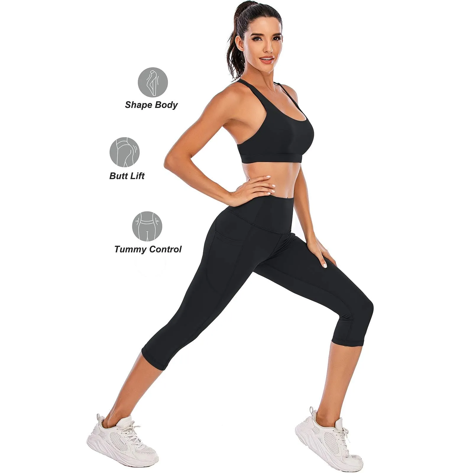 Steppe Naked Feeling High Waisted Yoga Pants Women's Workout Capris Leggings with Pockets Tummy Control Buttery Soft Running Compression Capris for Athletic Gym Exercise Fitness Black