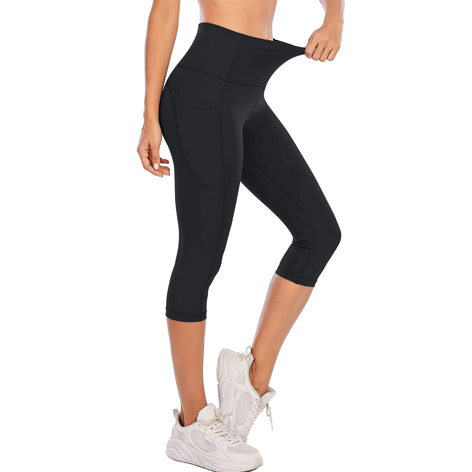 Steppe Naked Feeling High Waisted Yoga Pants Women's Workout Capris Leggings with Pockets Tummy Control Buttery Soft Running Compression Capris for Athletic Gym Exercise Fitness Black