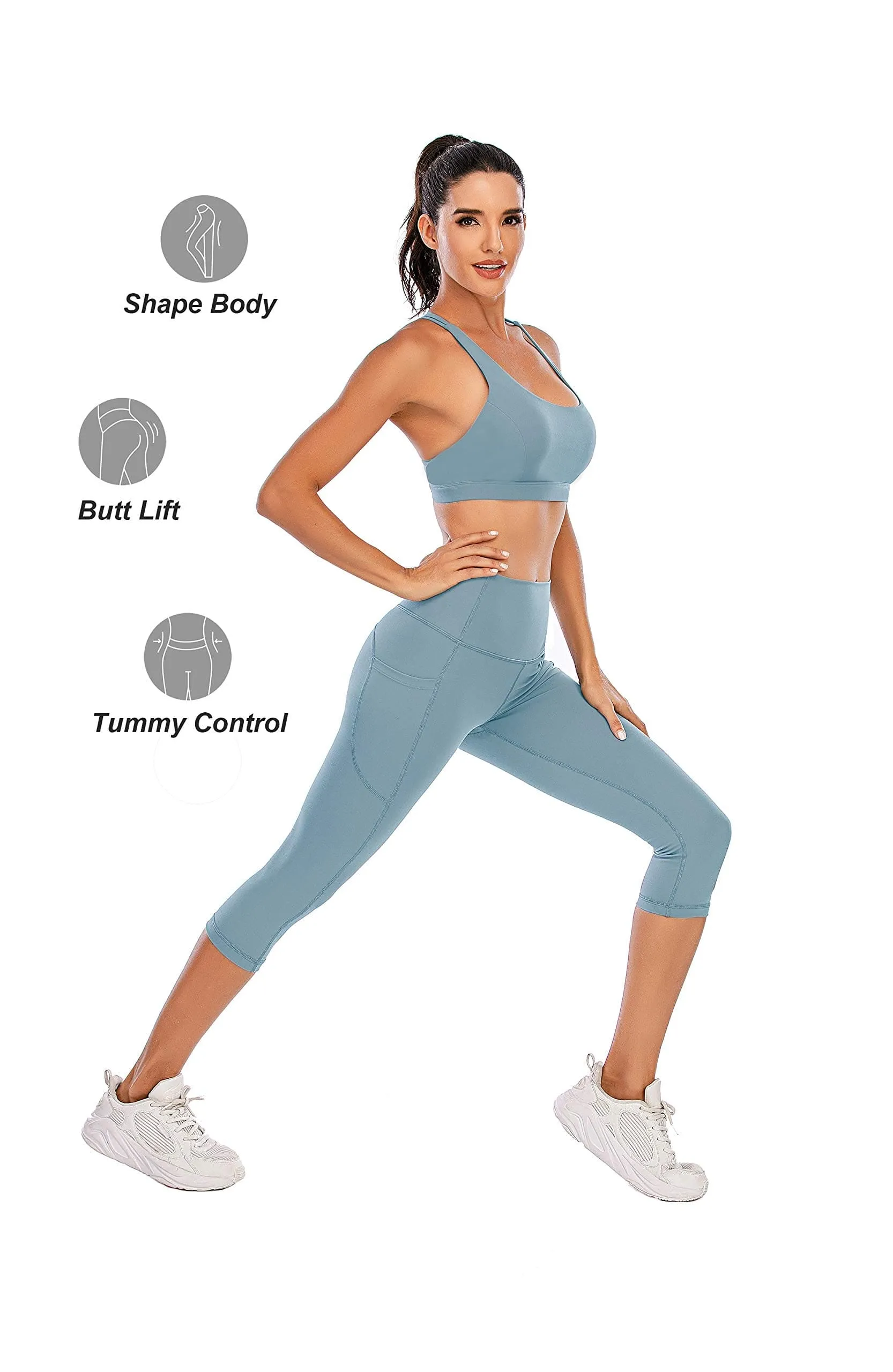 Steppe Naked Feeling High Waisted Yoga Pants Women's Workout Capris Leggings with Pockets Tummy Control Buttery Soft Running Compression Capris for Athletic Gym Exercise Fitness Blue Ashes