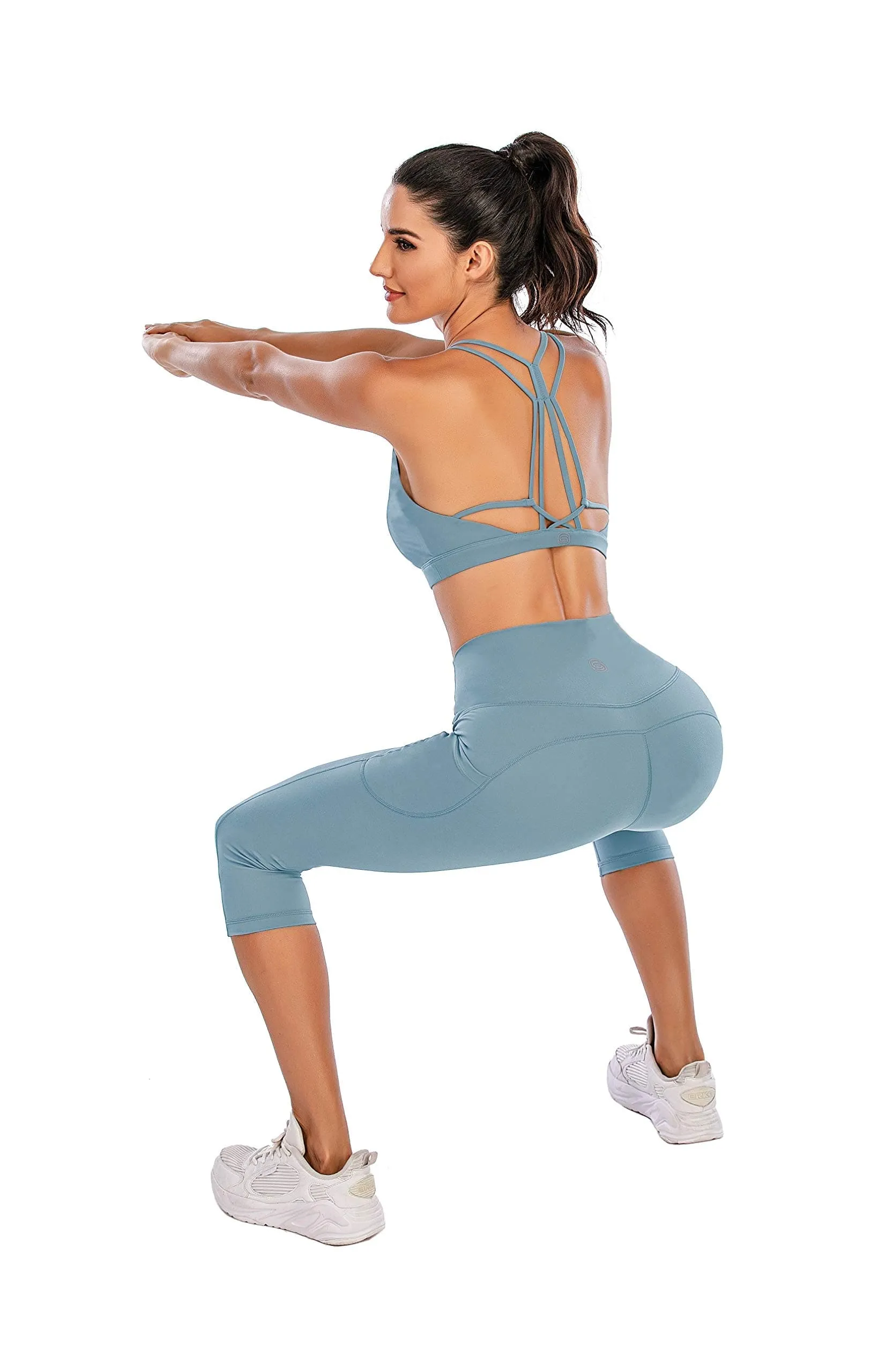 Steppe Naked Feeling High Waisted Yoga Pants Women's Workout Capris Leggings with Pockets Tummy Control Buttery Soft Running Compression Capris for Athletic Gym Exercise Fitness Blue Ashes