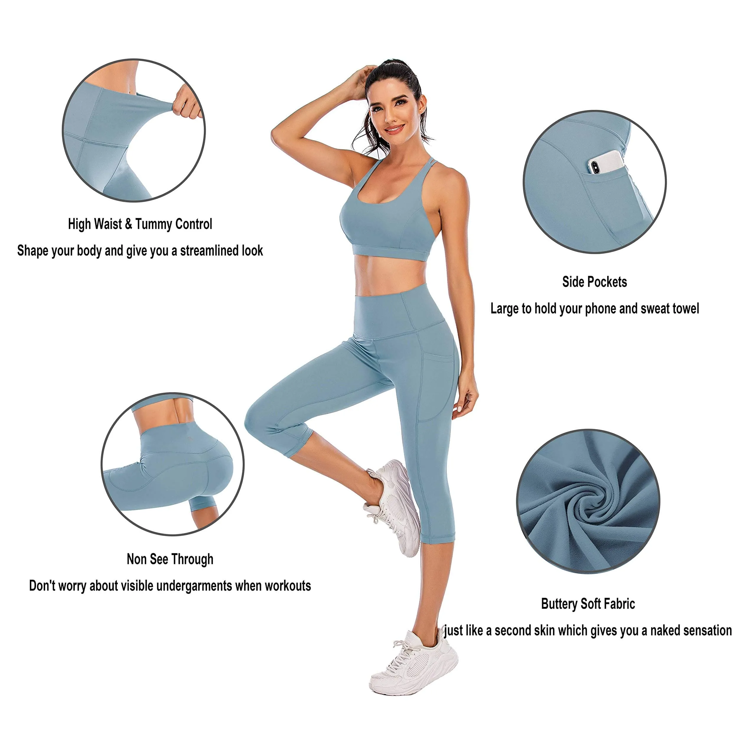 Steppe Naked Feeling High Waisted Yoga Pants Women's Workout Capris Leggings with Pockets Tummy Control Buttery Soft Running Compression Capris for Athletic Gym Exercise Fitness Blue Ashes