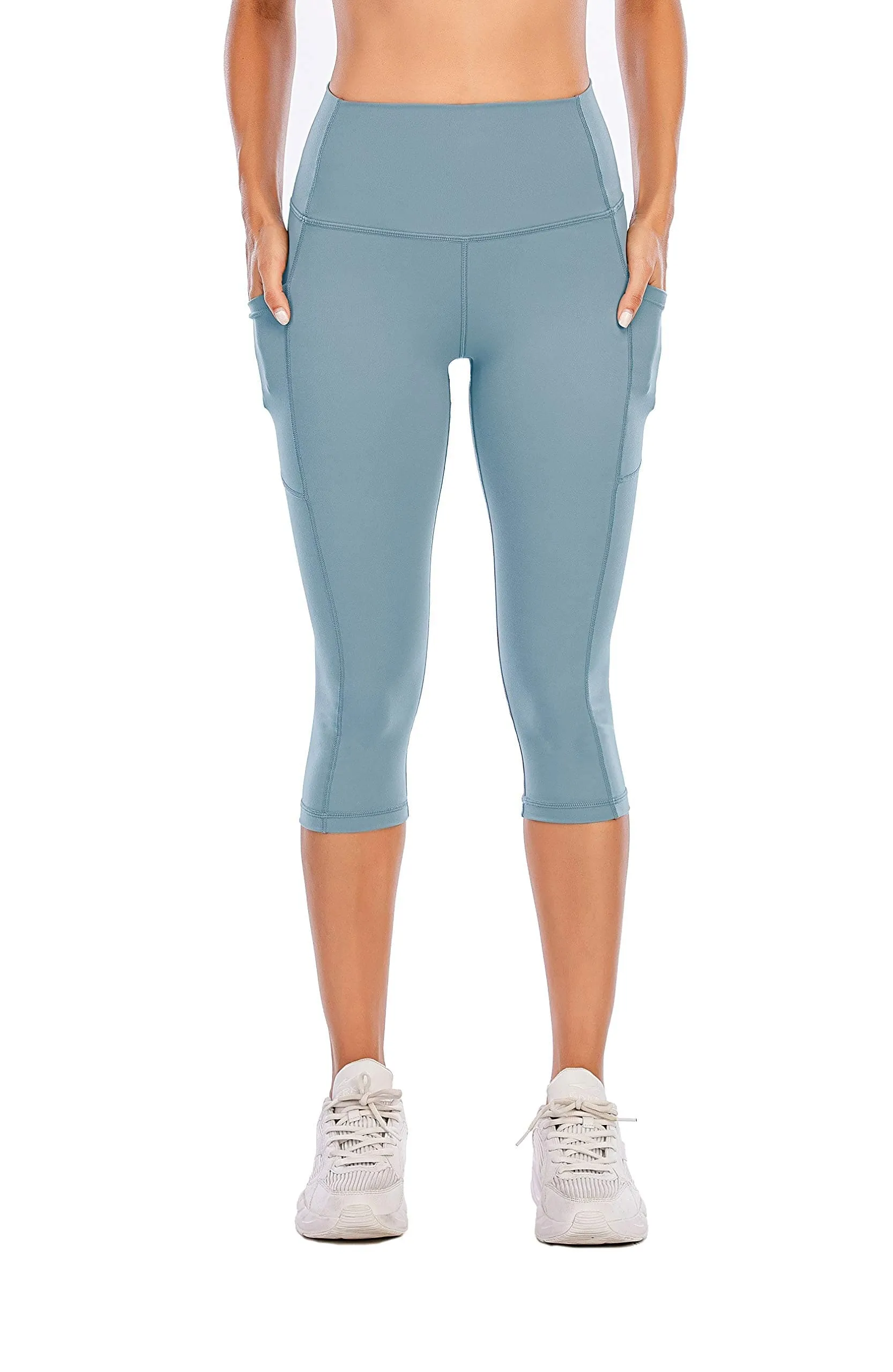 Steppe Naked Feeling High Waisted Yoga Pants Women's Workout Capris Leggings with Pockets Tummy Control Buttery Soft Running Compression Capris for Athletic Gym Exercise Fitness Blue Ashes