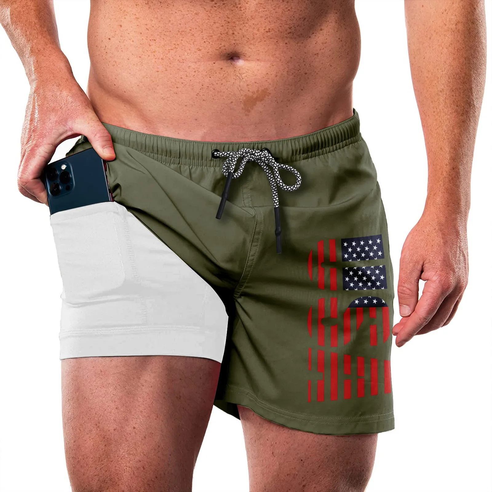 USA FLAG QUICKDRY POCKET 2 IN 1 7'' INSEAM RUNNING SHORTS