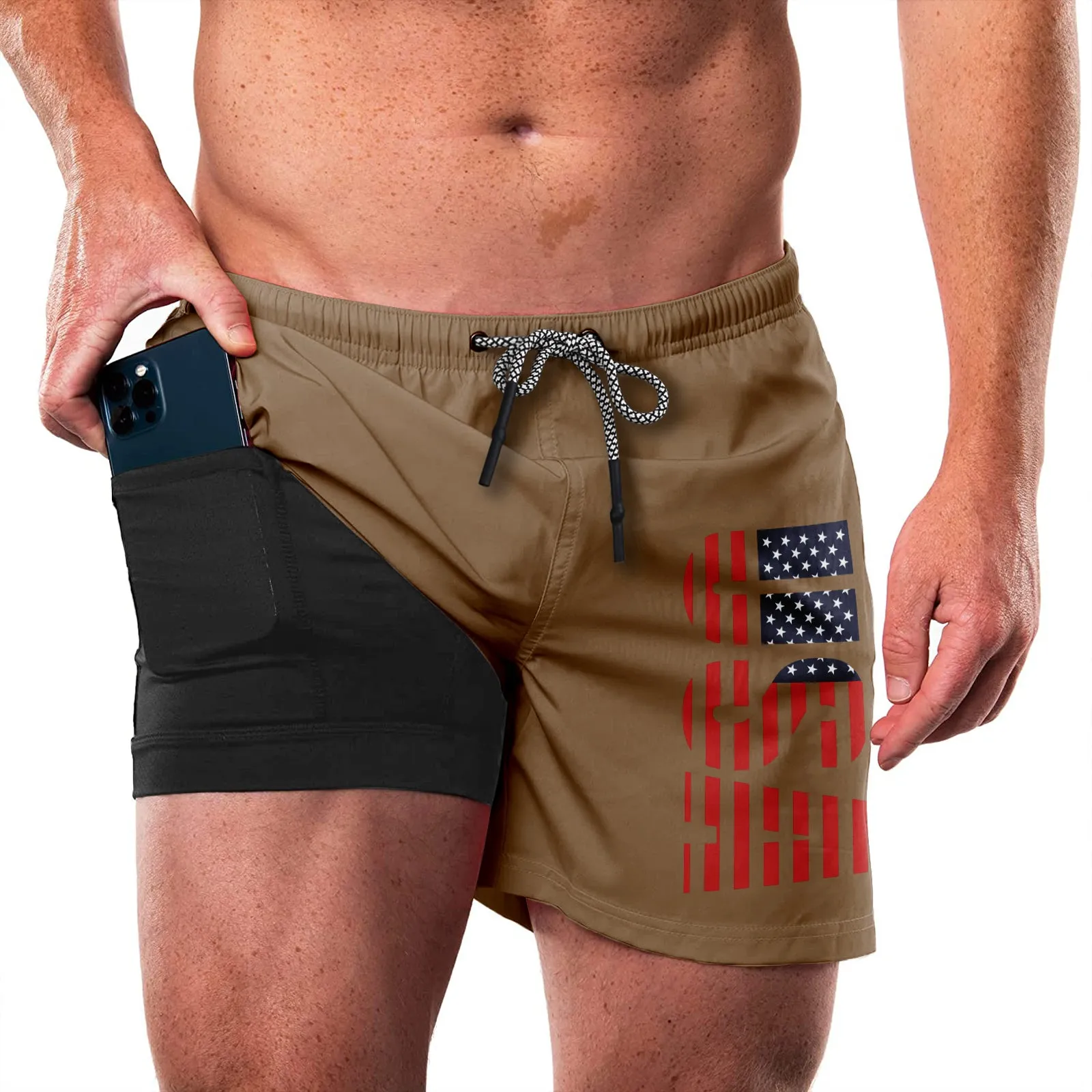 USA FLAG QUICKDRY POCKET 2 IN 1 7'' INSEAM RUNNING SHORTS