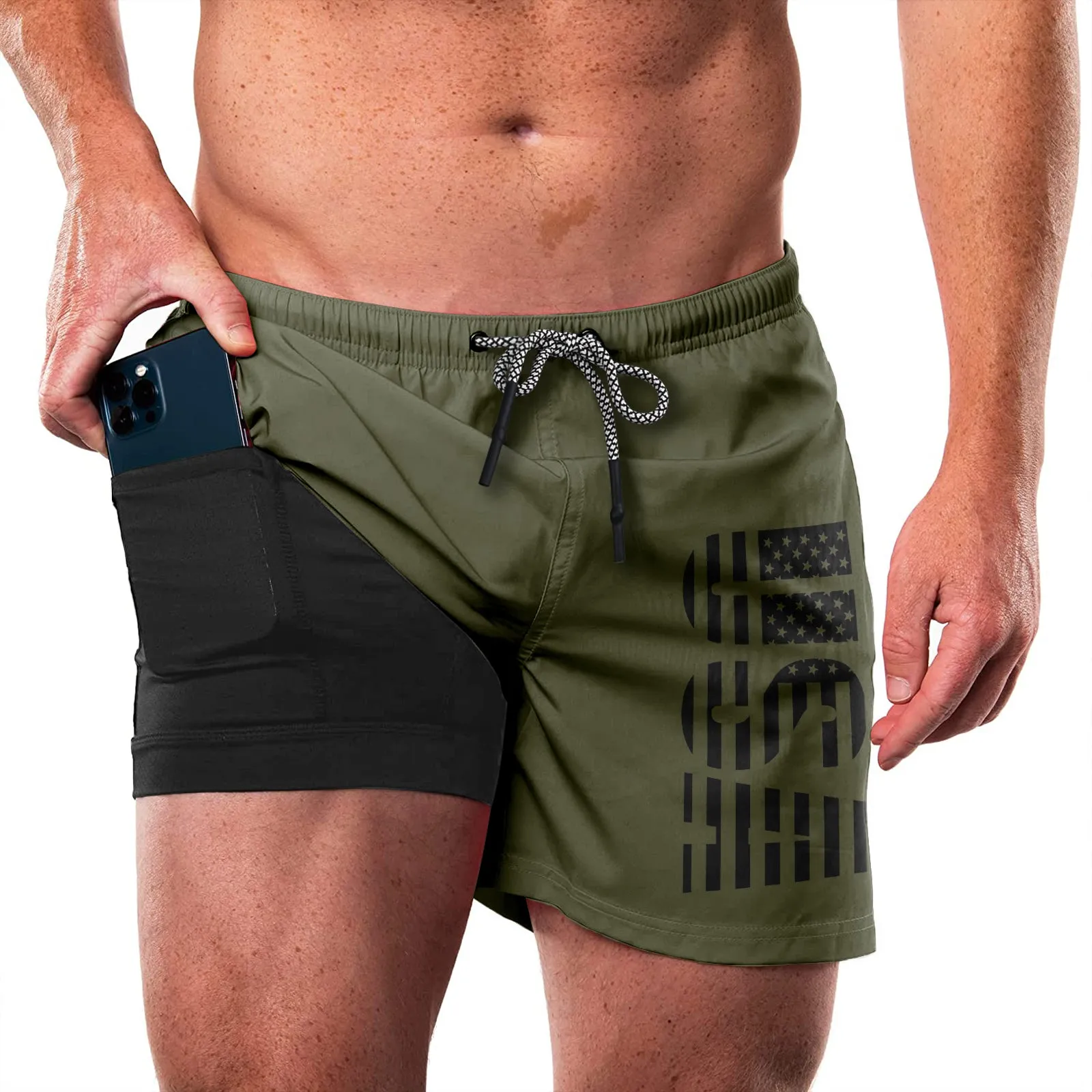 USA FLAG QUICKDRY POCKET 2 IN 1 7'' INSEAM RUNNING SHORTS