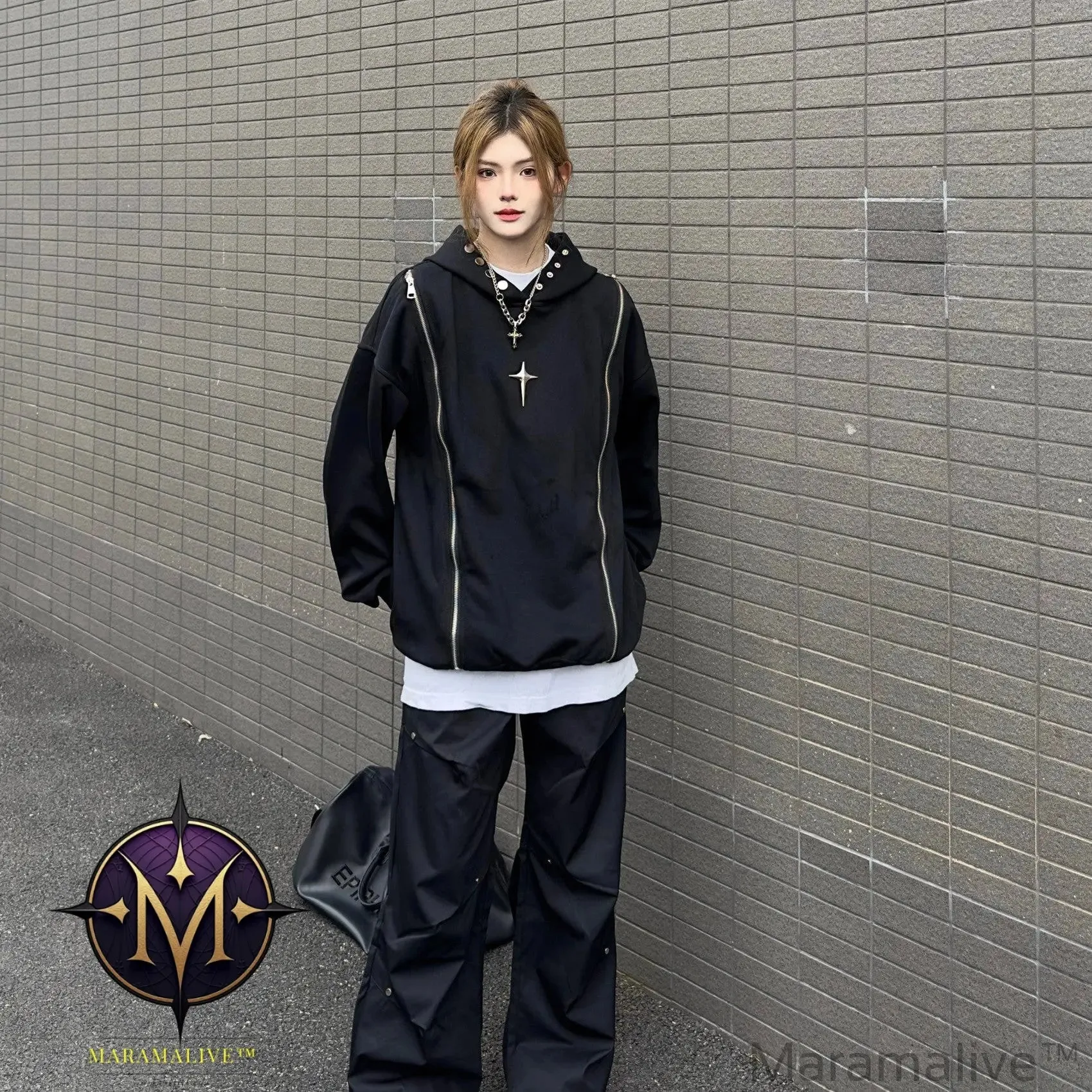 Vintage Street Solid Double Zipper Hoodie