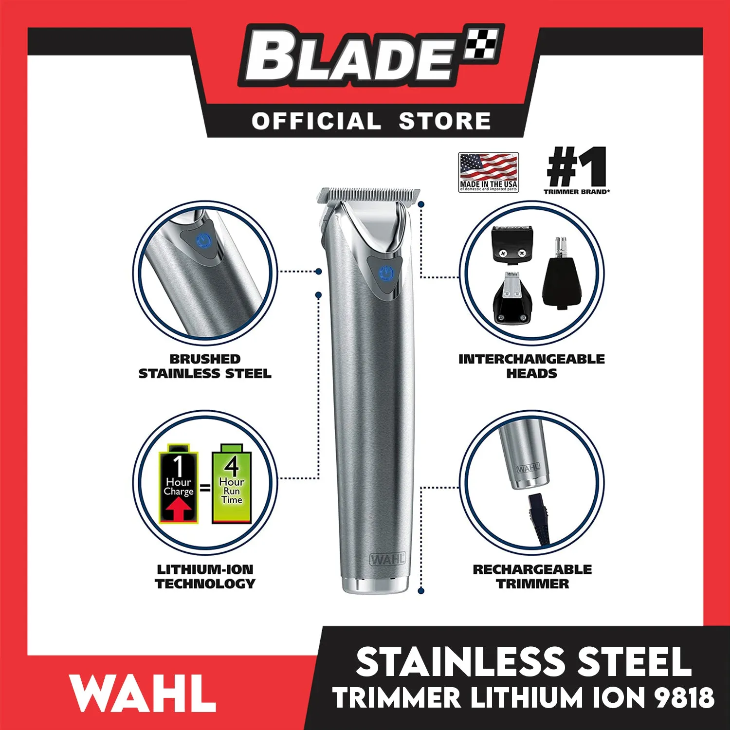 Wahl Stainless Steel Lithium Ion 9818 and All in One Men's Grooming Kit for Men, Hair Clippers, Wireless Razor, Trimmer, Shaver, Detailer, Outliner, Groomer & Touch up