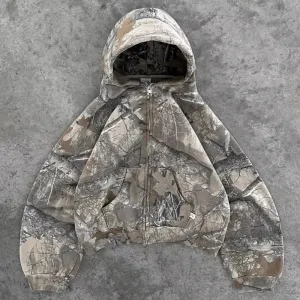 Y2K Retro Camouflage Zip-Up Hoodie for Men - Oversized Unisex Camo Sweatshirt