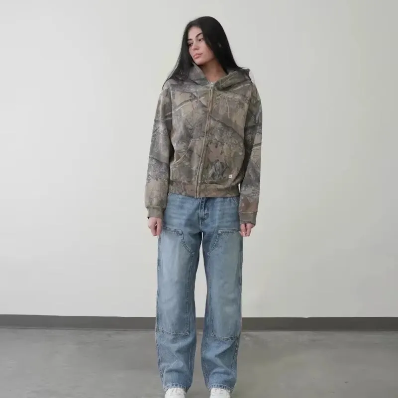 Y2K Retro Camouflage Zip-Up Hoodie for Men - Oversized Unisex Camo Sweatshirt
