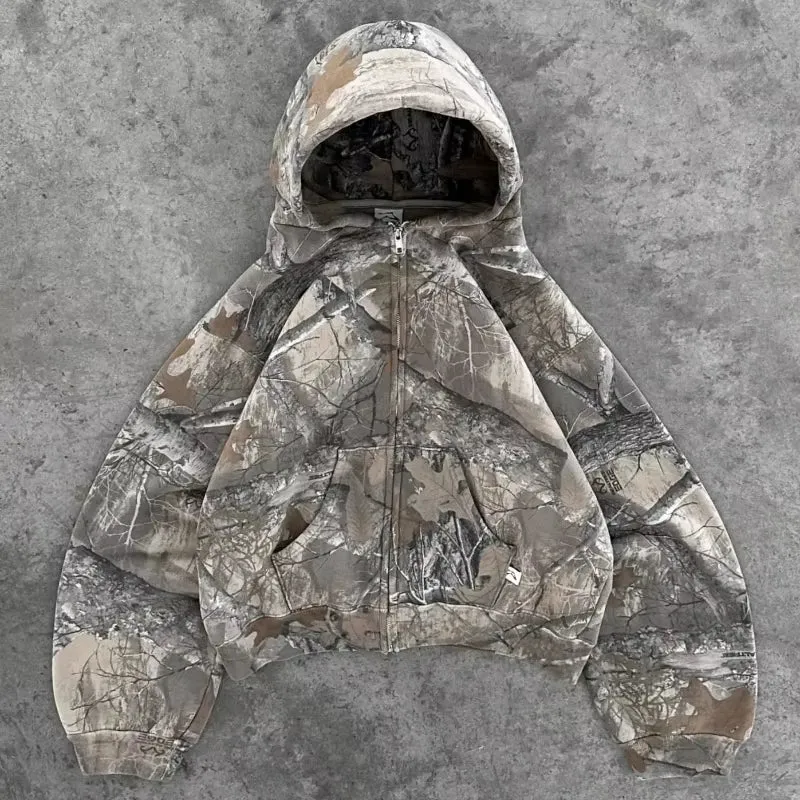 Y2K Retro Camouflage Zip-Up Hoodie for Men - Oversized Unisex Camo Sweatshirt
