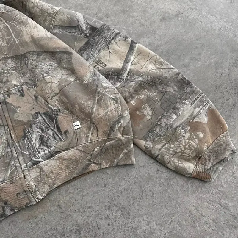 Y2K Retro Camouflage Zip-Up Hoodie for Men - Oversized Unisex Camo Sweatshirt