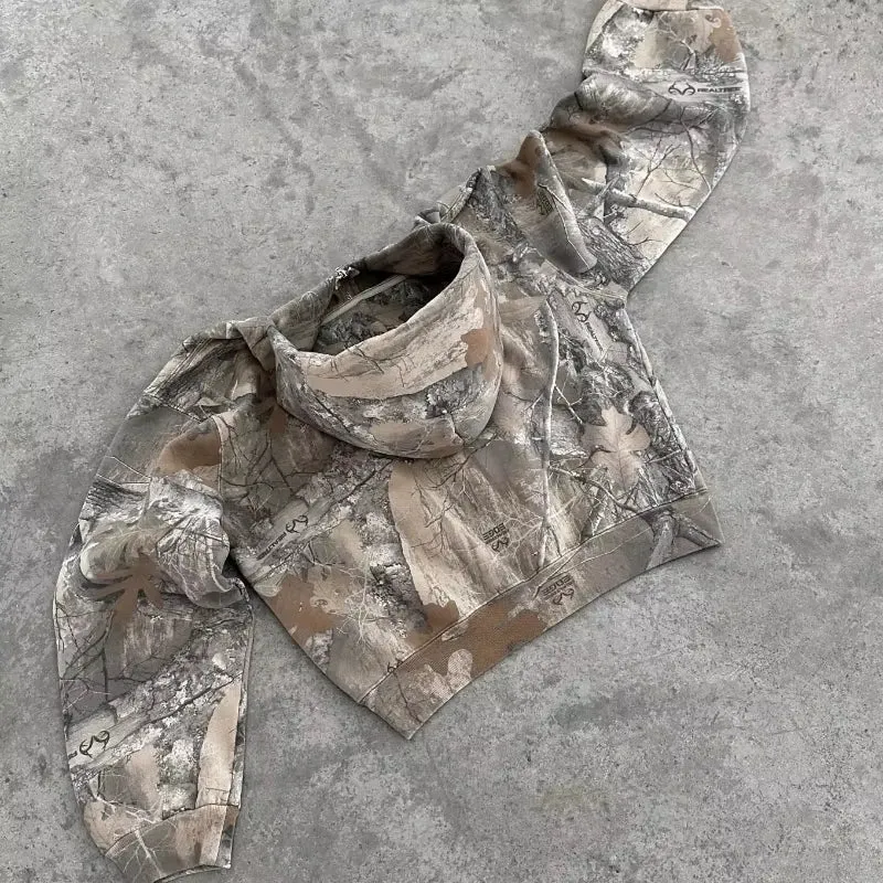 Y2K Retro Camouflage Zip-Up Hoodie for Men - Oversized Unisex Camo Sweatshirt