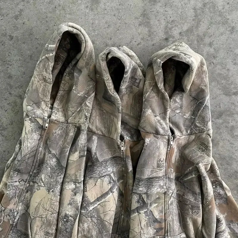 Y2K Retro Camouflage Zip-Up Hoodie for Men - Oversized Unisex Camo Sweatshirt