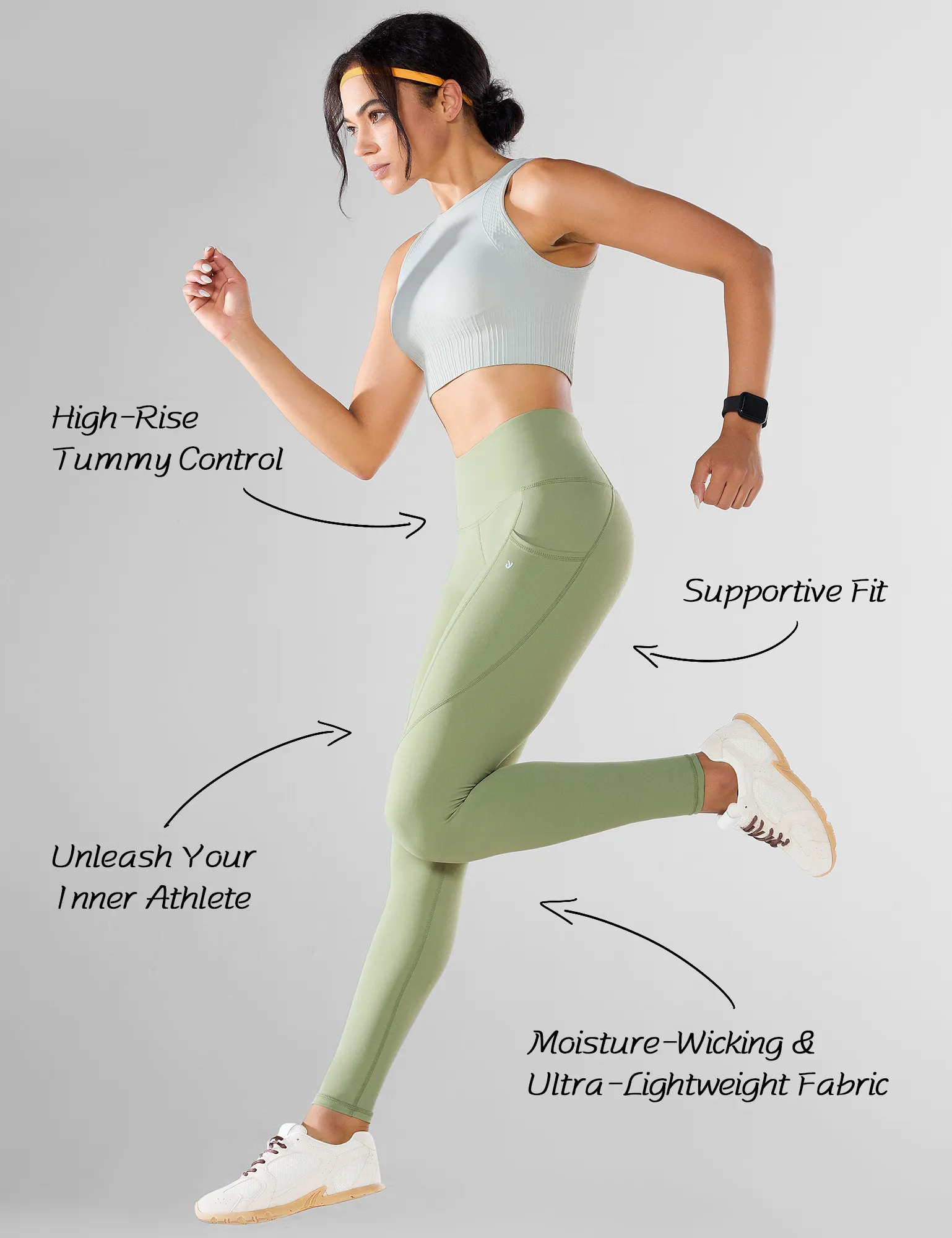 YR Yoga Workout Leggings for Women with Pockets, High-Waisted Compression Gym Leggings, Green
